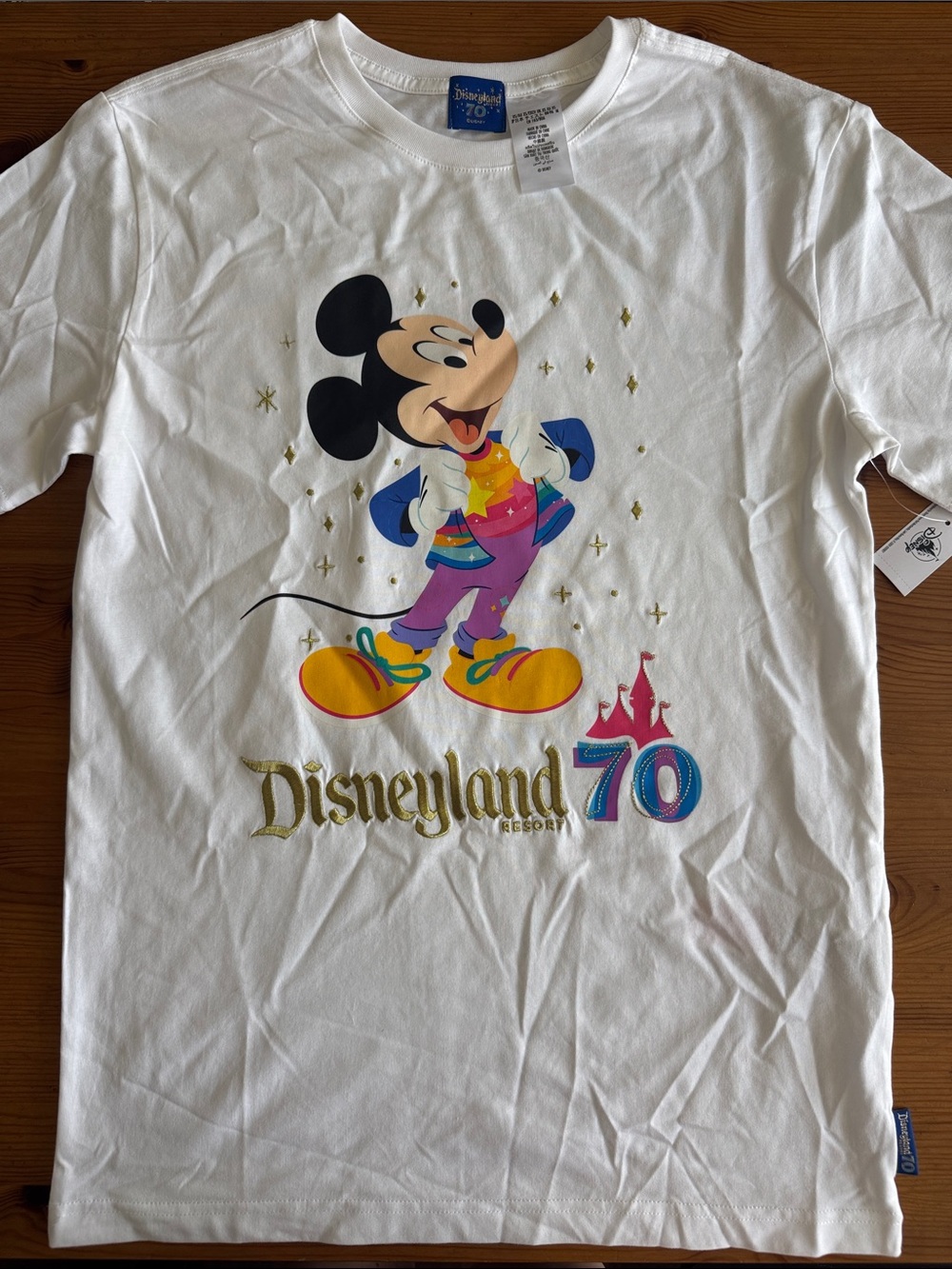Disney Disneyland 70th Anniversary White Tee with Colorful Mickey Embroidery